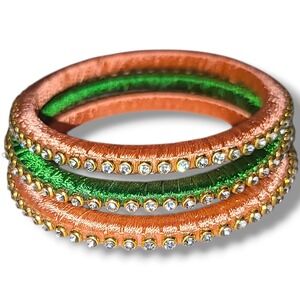 Set of 3 Peach & Green Silk Thread  Rhinestone Bangle Bracelets India Bollywood
